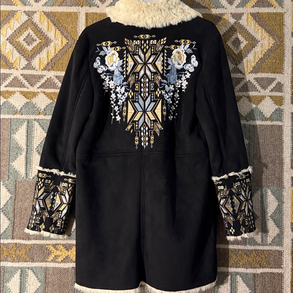 Driftwood black embroidered fur coat. New with tags.